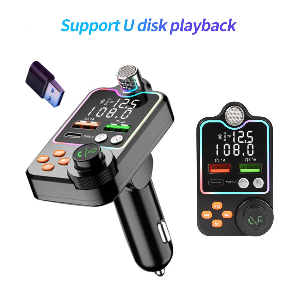 Bluetooth 5.0 Car FM Transmitter Dual USB Car Charger PD Type-C Fast Charging Wireless Handsfree Call Audio Receiver MP3 Player