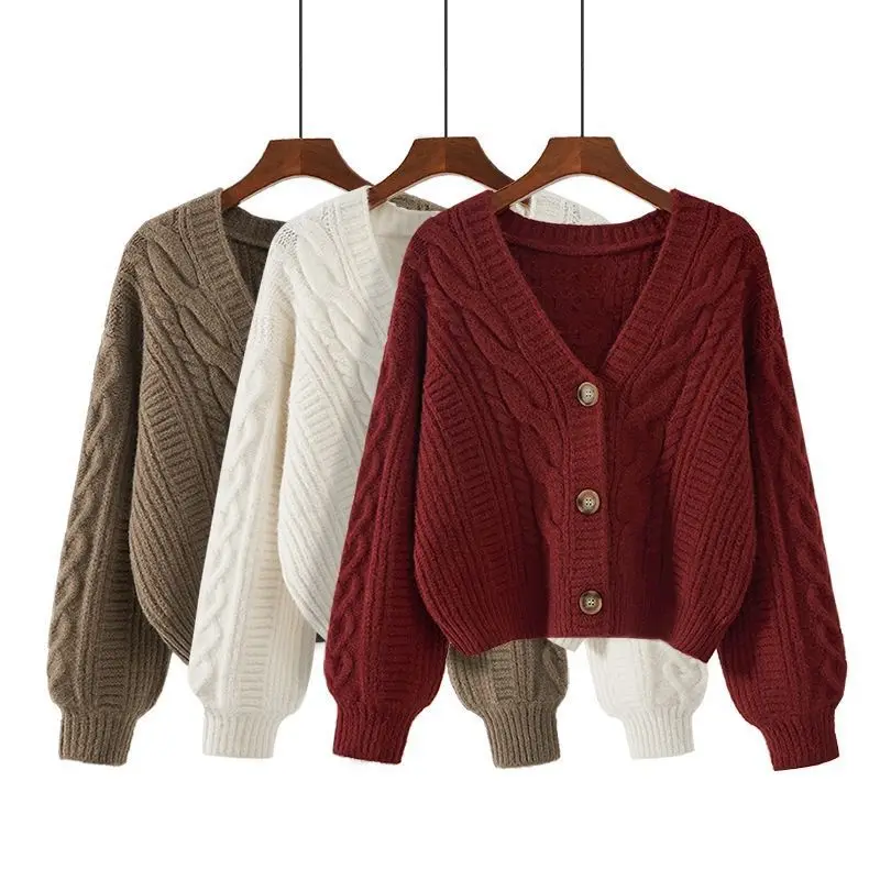 

New Knit Elegant Cardigan for Women V Neck Long Sleeve Single Breasted Women's Sweater Vintage Office Lady Sweaters Autumn