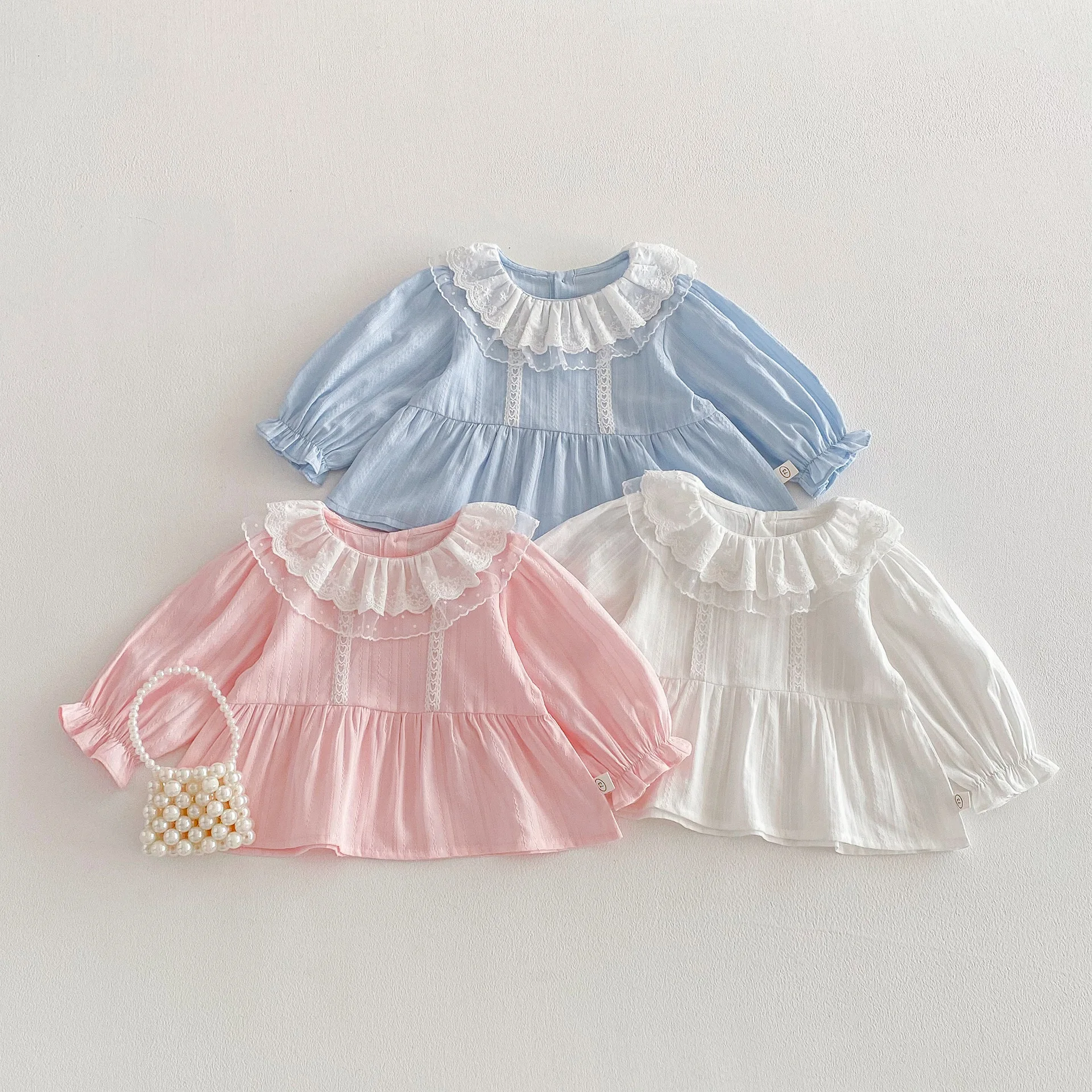 

2026 Baby Girls Cotton Lace Ruffled Collar Long Sleeve Top 0-5Y Spring Flared Sleeve Breathable Kids Adorable Blouse Clothing