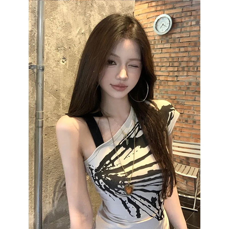 Koszulka z odkrytymi ramionami Vintage Lata 90. Damska Koszulka z Detalem Szwu Koronką Wysoka Jakość Sznurek Lekka Podstawowa Jednolita Krótka Dopasowana