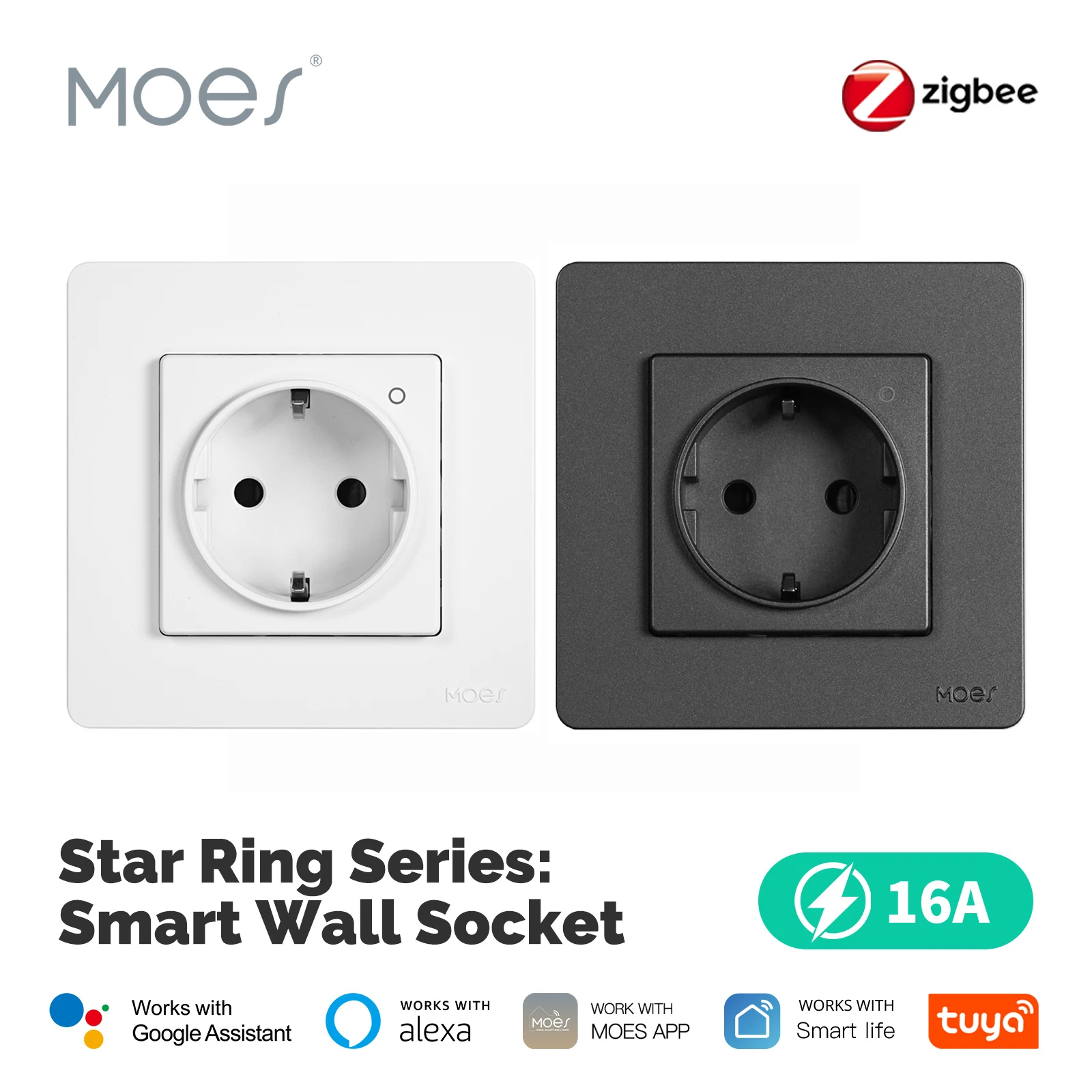 MOES-enchufe de pared Tuya ZigBee, salida integrada de la UE, indicador de Monitor inteligente de energía, Control por aplicación remota, funciona con Alexa y Google Home