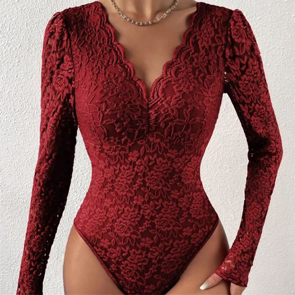 

Women Bodysuit Flower Embroidery Lace Elastic See-through Lady Clothes Long Sleeve Slim Fit Soft Breathable Spring Playsuit 점프슈트