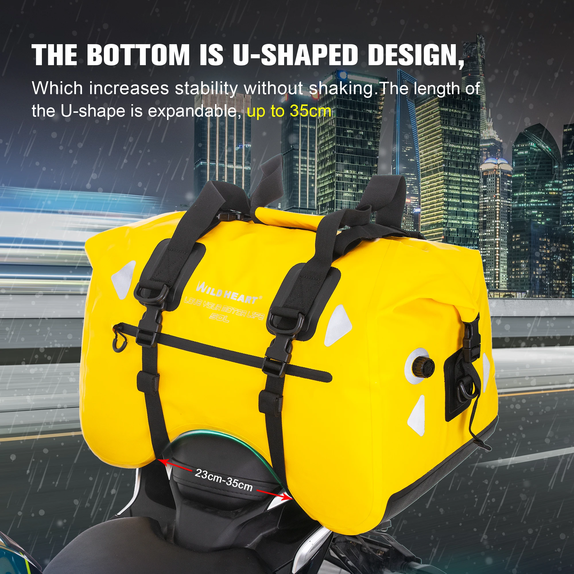 WILD HEART Dry Motorcycle Tail bag 50L Inner Pocket Waterproof PVC Motorbike Touring Luggage Bag U-Shaped Waterproof Tail Bag