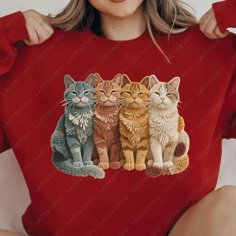 Gancio di chiusura Gatti Filato finto Stampa gatto Pullover Cat Mamma Girocollo Felpa con cappuccio Felpa in tessuto non lavorato Moda divertente Manica lunga