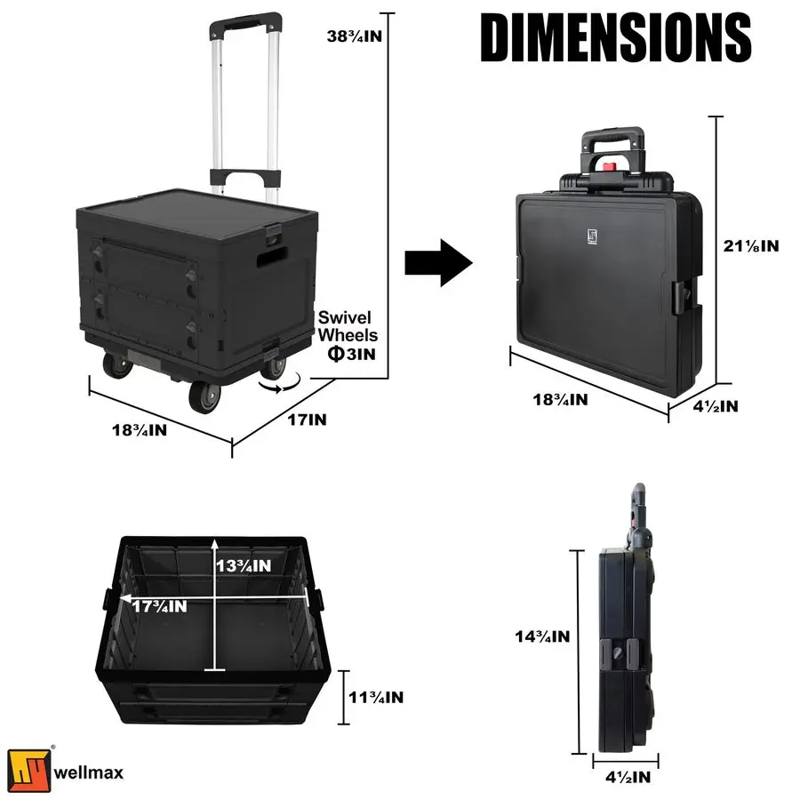 WM99800BK Wózek transportowy na kółkach, składany wózek uniwersalny dla nauczycieli, na zakupy, do biura, ciche kółka, aluminiowy uchwyt, 1