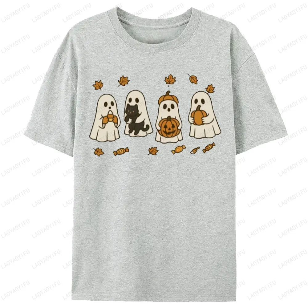 Koszulki z grafiką na Halloween: Straszny Sezon, Duch, Kot, Dynia, Odzież Damska, Odzież Męska, Moda Uliczna, Koszulki z Okrągłym Dekoltem, Prezent