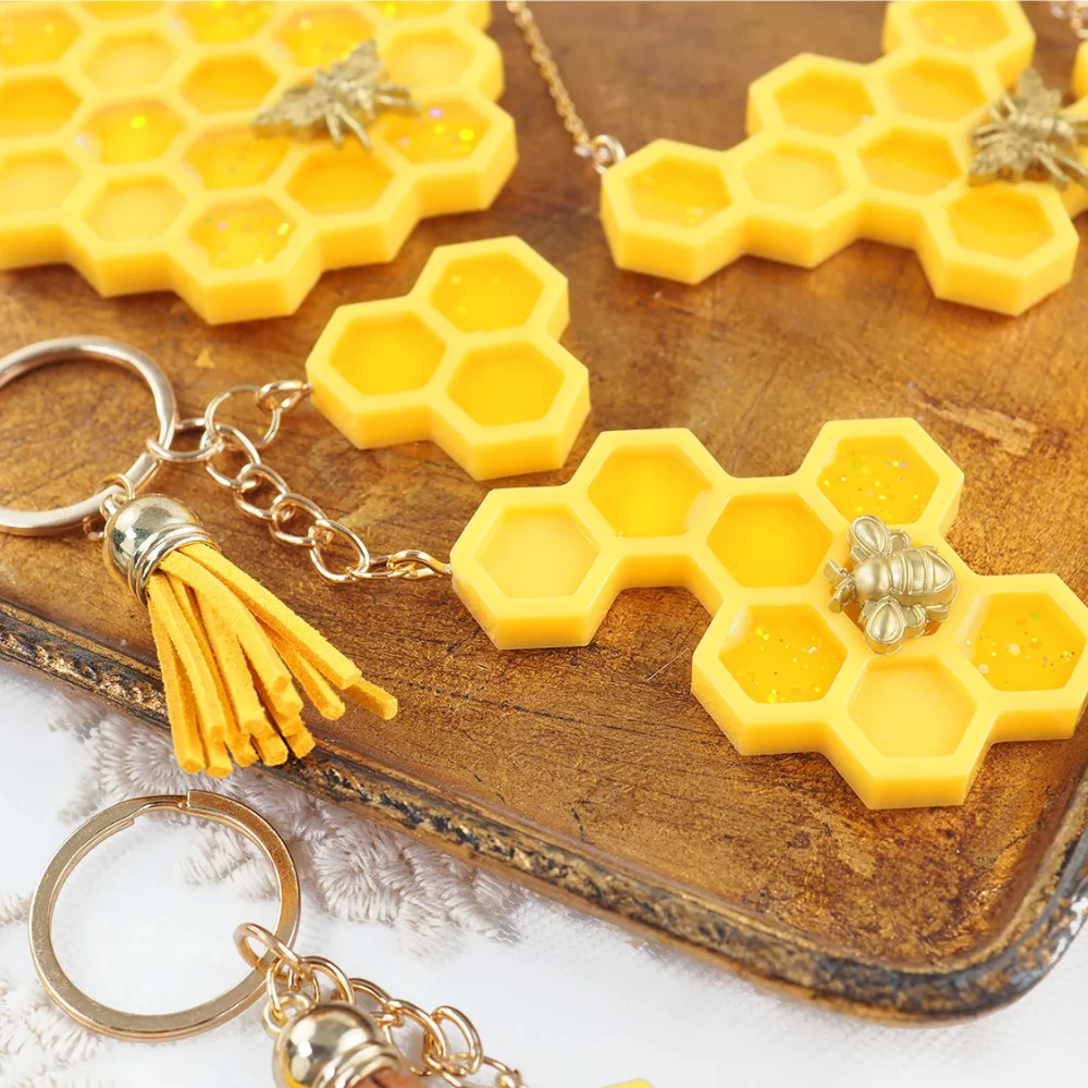 DIY Honeycomb Keychain Mold Epoxy Resin Coaster Set with House Number Pendant Mirror Silicone Mould for Home Decoration