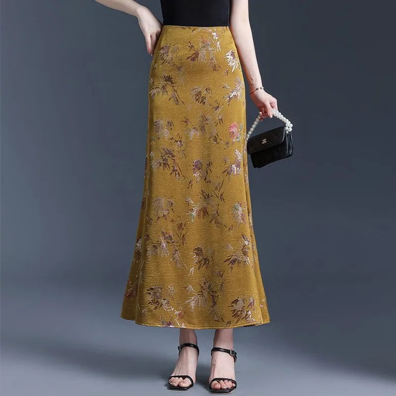 Ele Faion Gonna lunga stampata Vita alta Dimagrante Pendolarismo Fi Tail f Gonna corpo Sli Fibra di poliestere da donna di classe