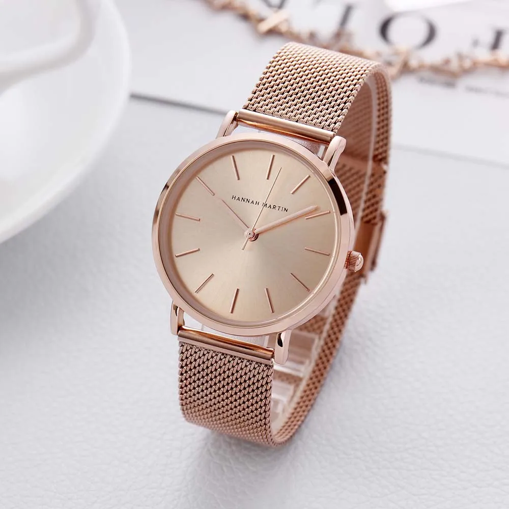 Hannah Martin Quartz Women's Watch Japanese Movement Woven Mesh Band Water-Resistant Minimalist Large Three-Hand Ladies' Watch