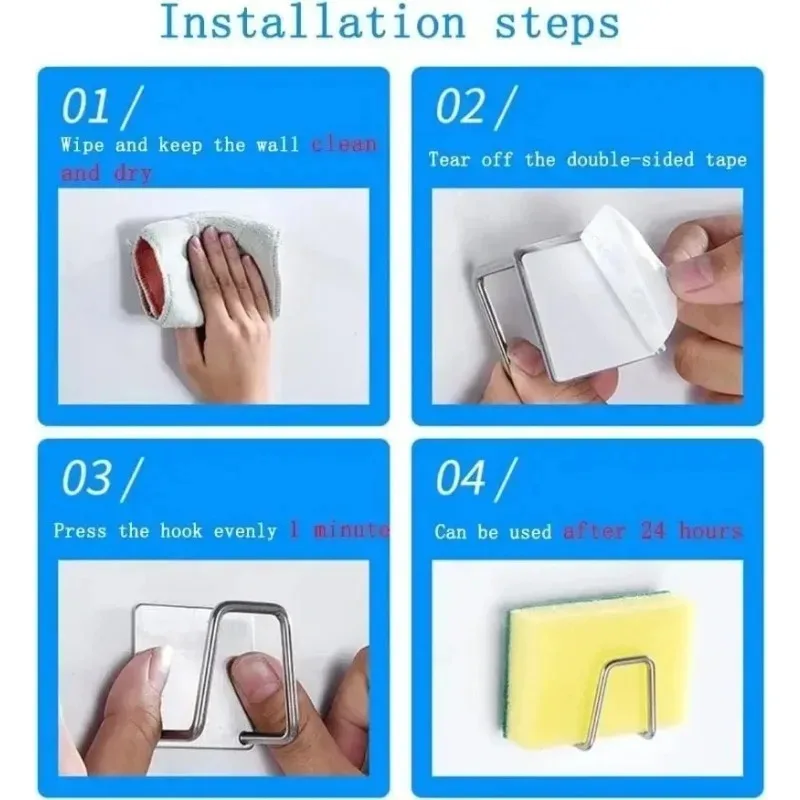 12/1PCS Sink Sponges Holder Household Kitchen Stainless Steel Self Adhesive Drain Drying Rack Shelf Storage Wall Hooks Organizer