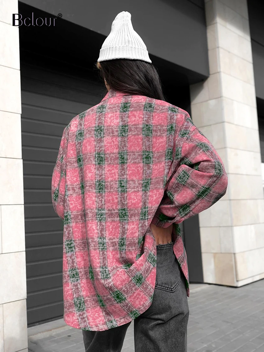 Bclout Streetwear Pink Plaid Shirts Blouses Women 2024 Fashion Long Sleeve Pockets Loose Shirts Distressed Party Blouses Coats