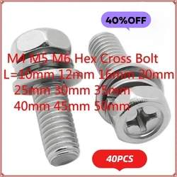 40set M4 M5 M6 Hex Cross Bolt Phillips Head  Hexagon Screws Flat Spring Washers 304 Stainless Steel L=10-50mm 16mm 30mm