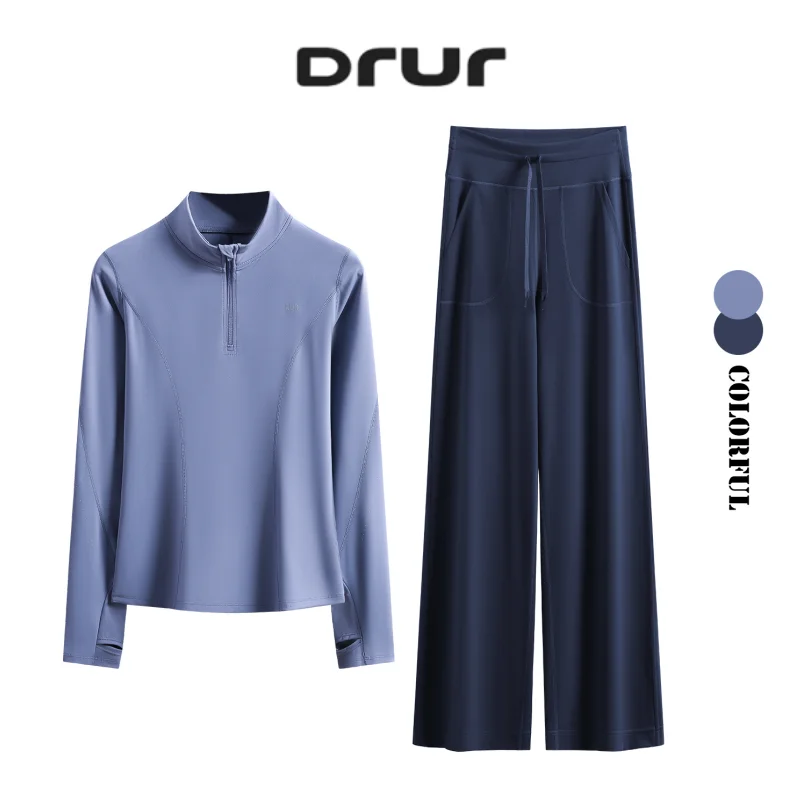 DRUR Women's Tracksuit Sets With Long Sleeve Yoga Top and Elastic Waist Wide Leg Pants with Pocket Casual Sportswear For Running
