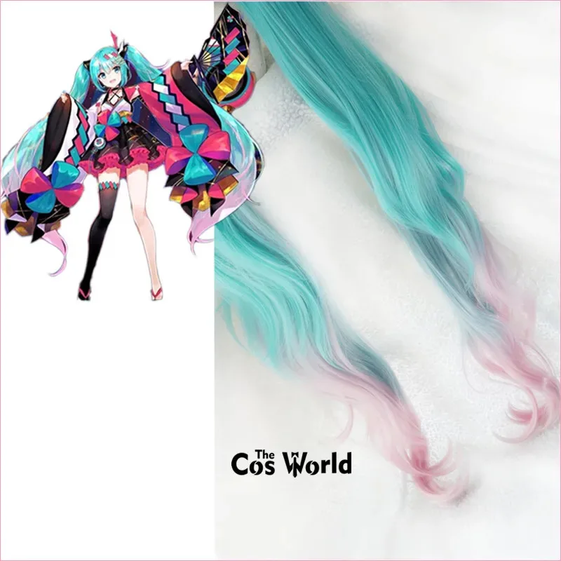 VOCALOID 2020 Magical Mirai Miku 120cm 긴 물결 모양의 애니메이션 코스프레 가발 섬유 내열성 합성 머리 + 가발 모자
