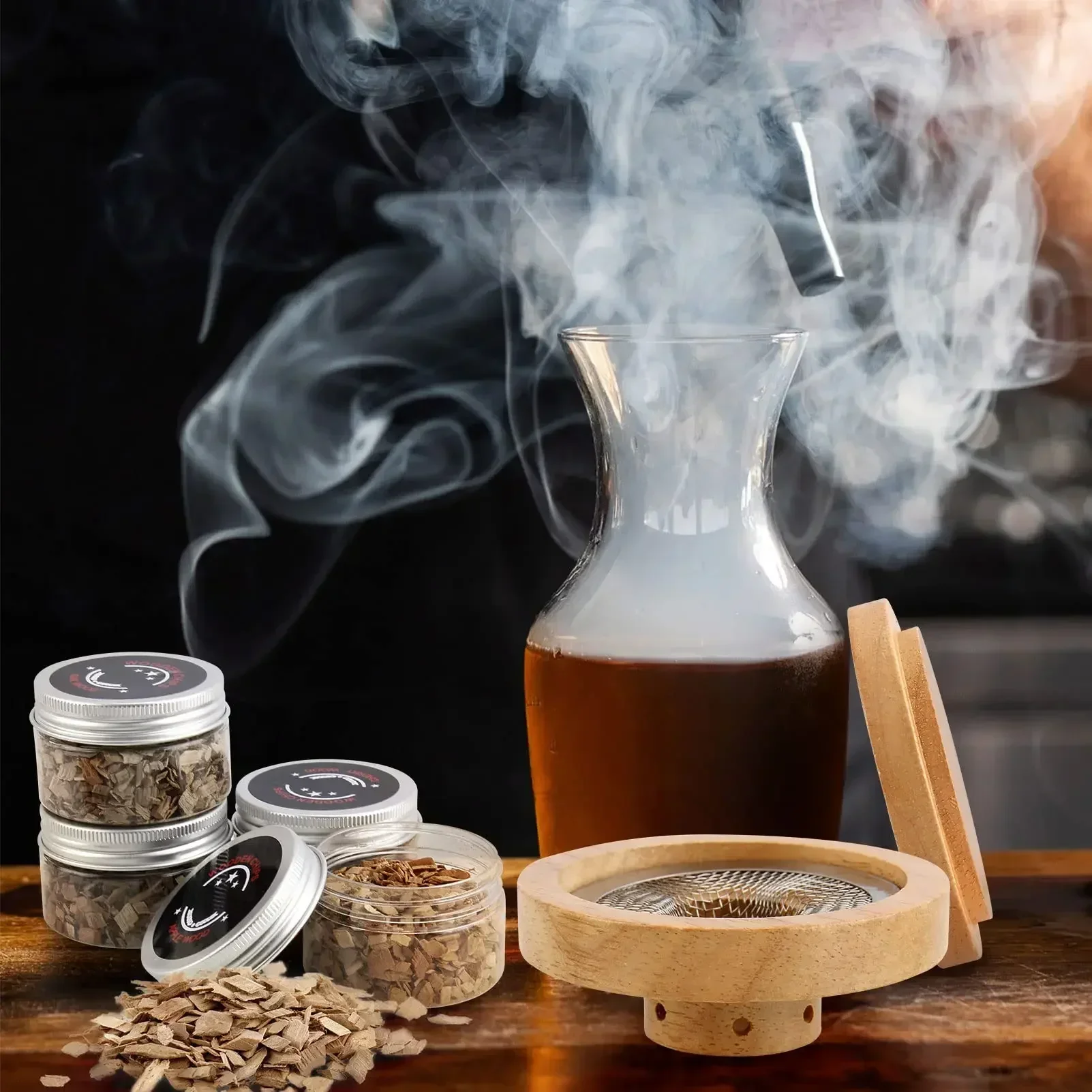 Kit Defumador de Coquetéis de Madeira com Capuz para Uísque e 4 Variedades de Lascas de Madeira para Bebidas, Acessórios e Ferramentas para Cozinha e Bar
