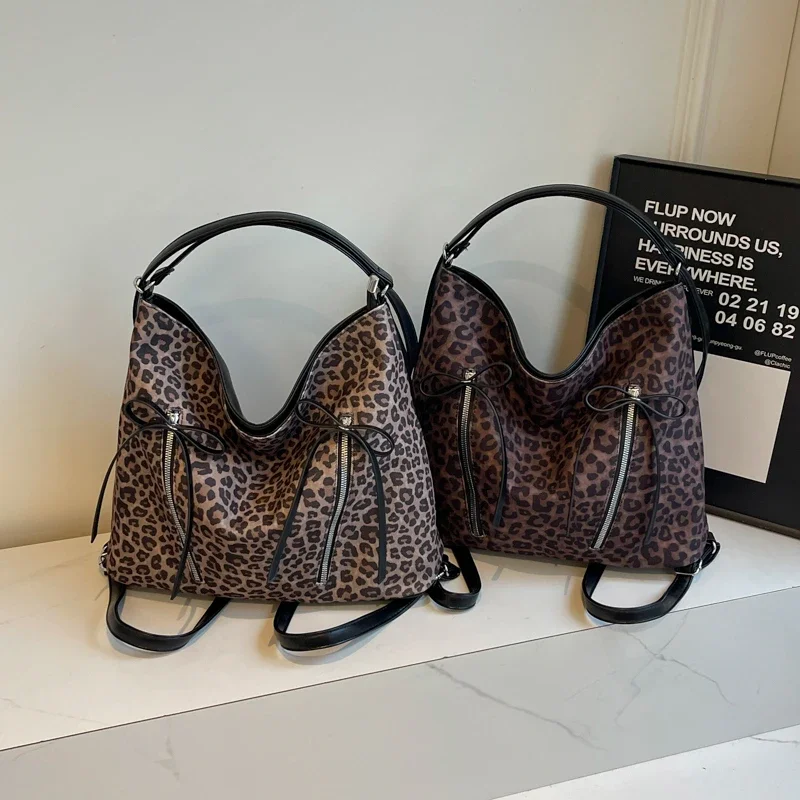 Bolso de hombro con cremallera de PU, bandolera con estampado de leopardo, suave, de gran capacidad, de diseñador, a la moda, novedad de 2024