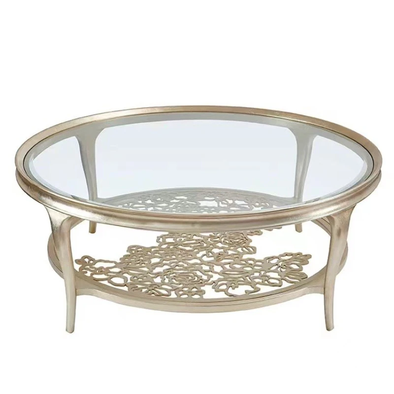 Metal rose glass round coffee table, American solid wood carved coffee table