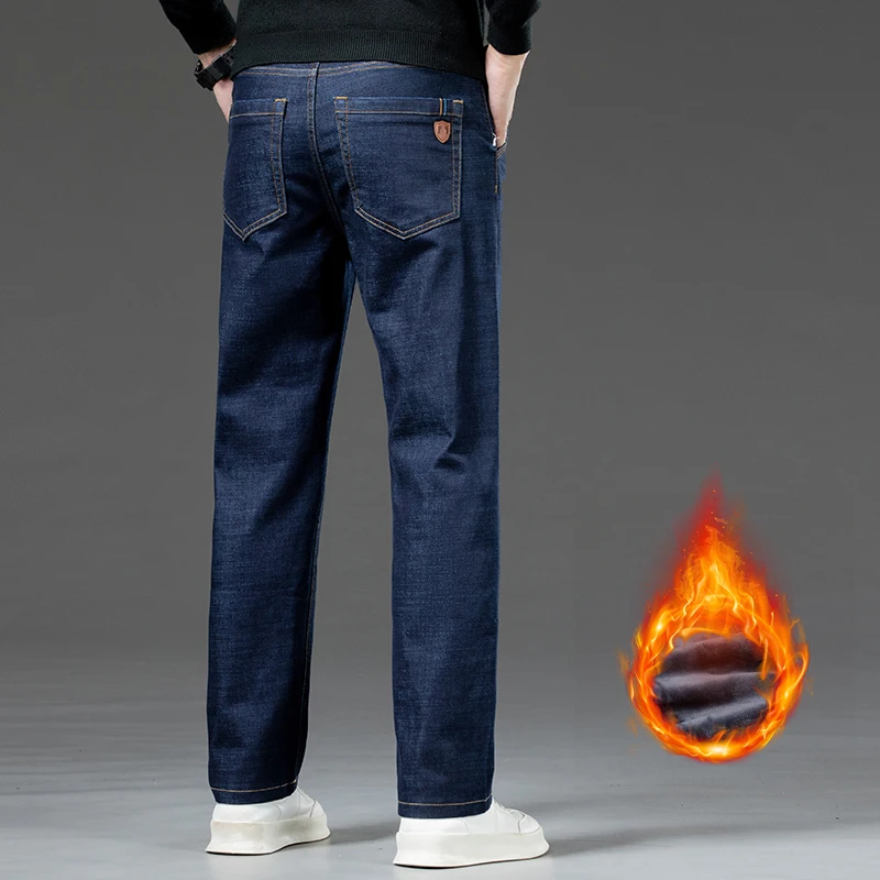 Winter Velvet Warm Jeans Men's Business Thick Work Pants Fashion High Waist Stretch Wool Straight Pants Brand Men's Hot Pants