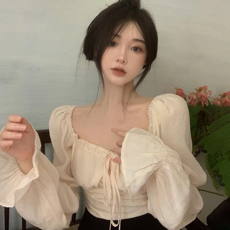 Autumn Women Puff Sleeve Square Collar Blouses  Fashion Elegant French Romantic Floral New White Chiffon Shirt