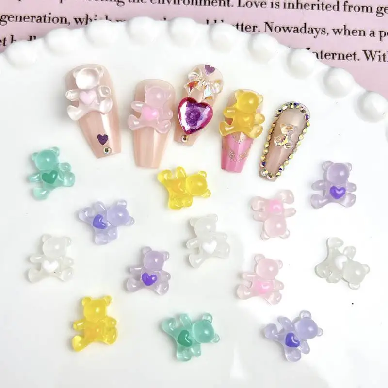 

50Pcs 3D Cartoon Resin Heart Bears Nail Charms Cute Jelly Colorful Bears Animal Nail Art Decorations DIY Nails Ornaments