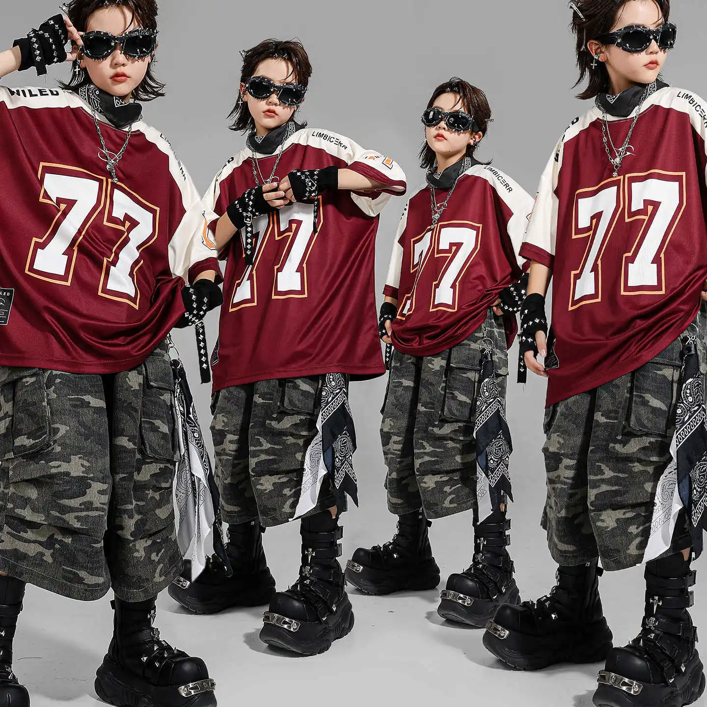 

Kid Kpop Hip Hop Clothing Wine Red Letters T Shirt Camouflage Cargo Shorts Middle Pants for Girl Boy Jazz Dance Costume Clothes