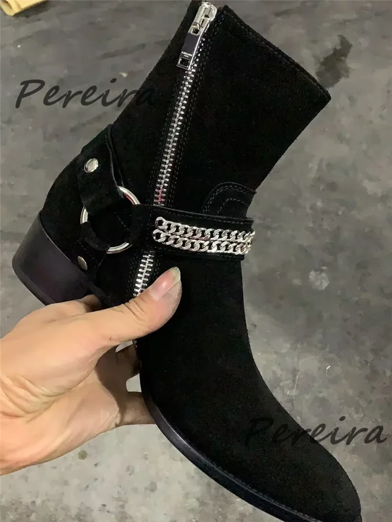 British Style Suede Chelsea Boots Men\'s Black Cowhide Metal Ring Ankle Booties Autumn Winter New Round Toe Side Zipper Men Shoes