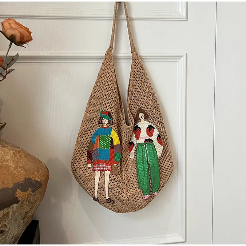 Hohle gestrickte Umhängetasche aus Netzstoff, Strandurlaub, lässige, schicke Cartoon-Einkaufstasche, leichte, lässige, gewebte Damenhandtasche mit Entspannung – Detail 8