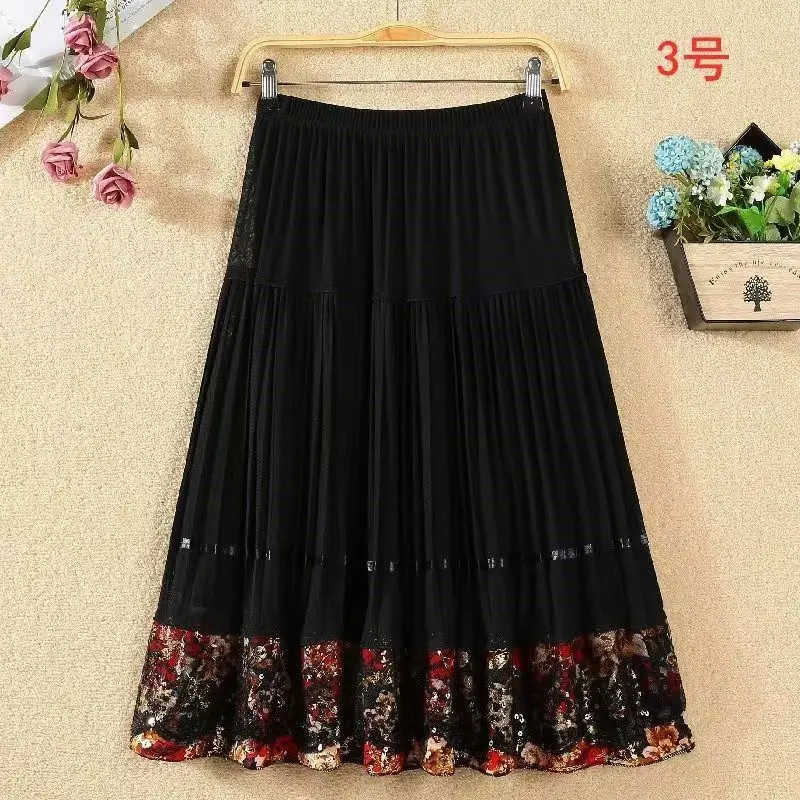 

Flower Sequin Mesh Tulle Skirt Women Casual Retro High Waist A-line Party Dance Midi Skirt Black Summer 2026 New