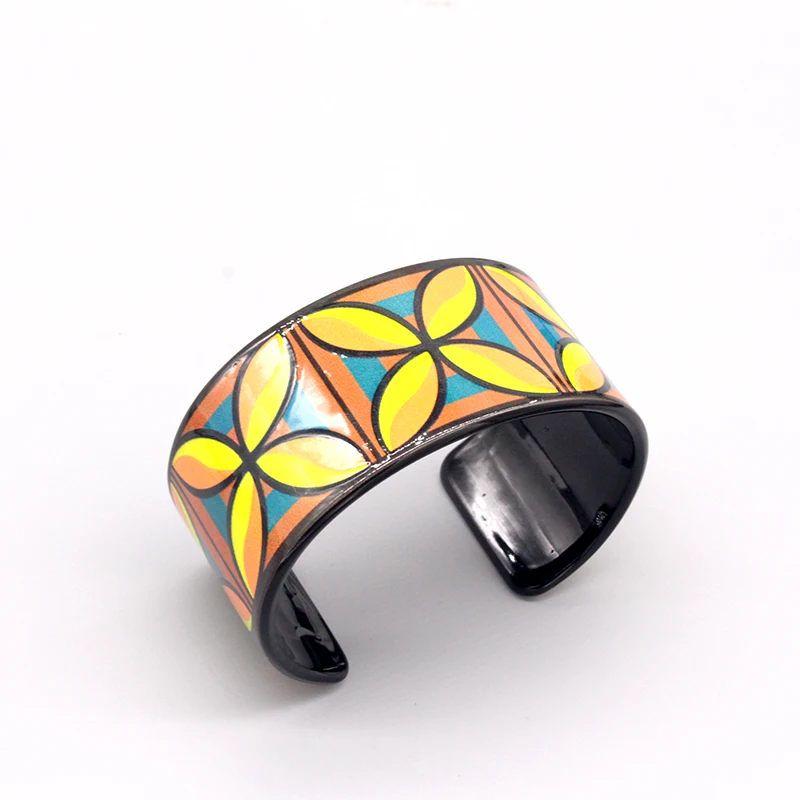 1Pcs Ethnic Color Flower Plant Painted Bangle Cuff Bracelet Women Acrylic New Fashion Retro Open Big Wide Bangle Wedding Jewelry