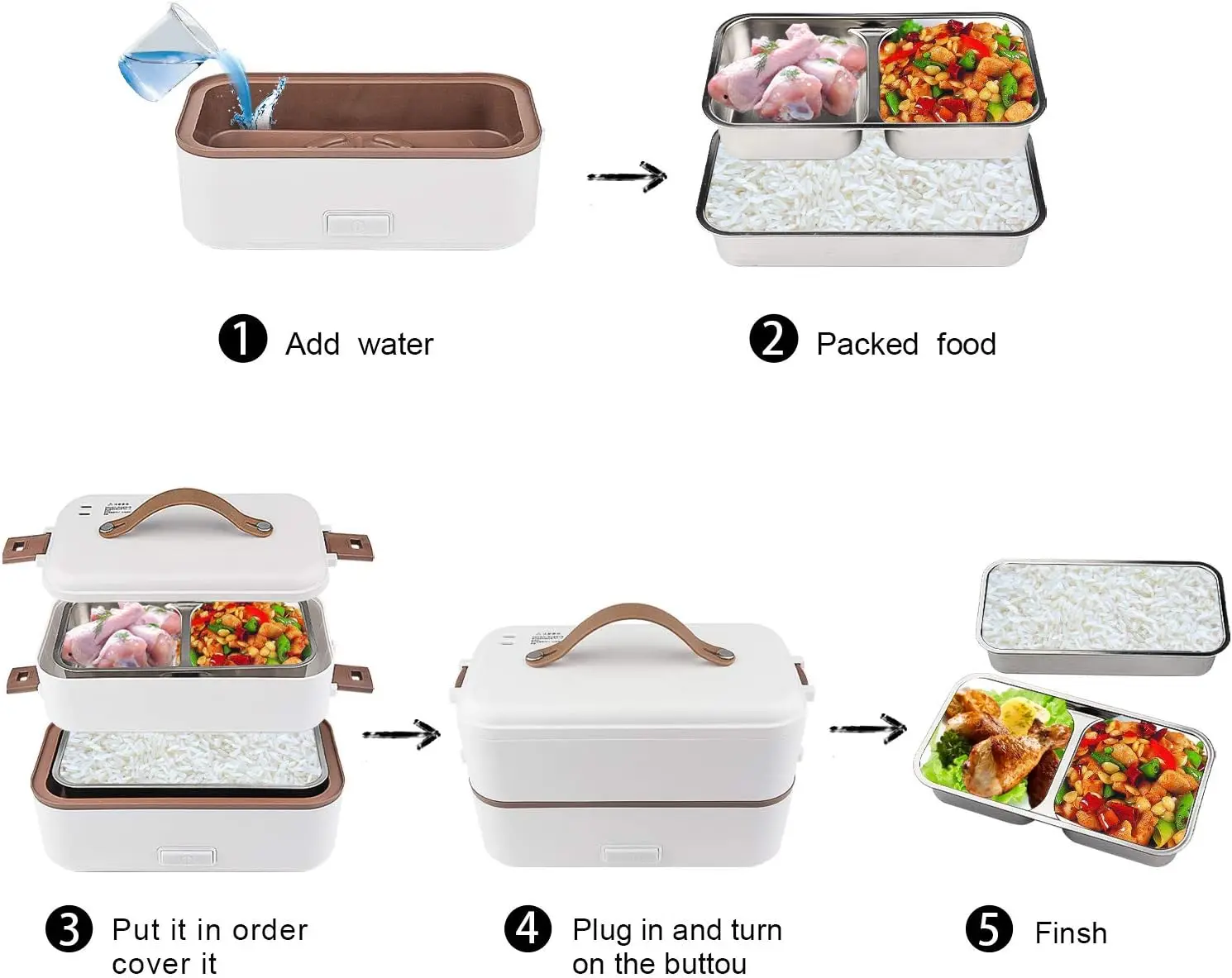 Zelfkokende Elektrische Lunchbox, Draagbare Voedselwarmer Voor Onderweg, Rijstkoker 2 Lagen 800Ml Verwarmde Lunchbox Voor Thuiskantoor