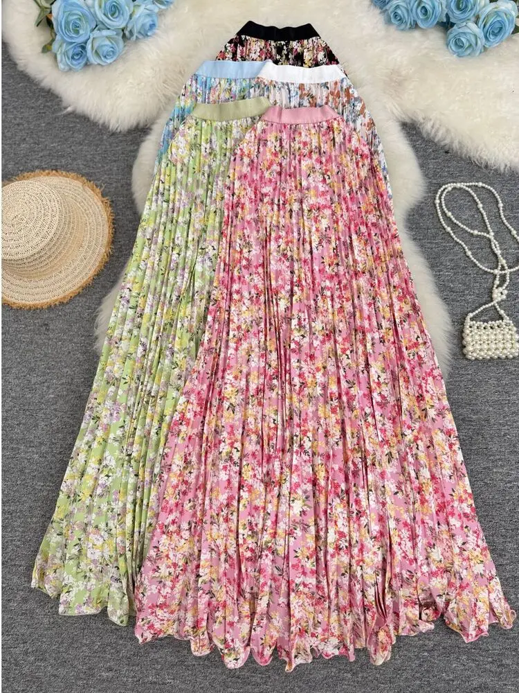 Neu: Blumenmuster Plissierter Rock für Damen 2026 Sommer Urlaubsstil Eleganter Vielseitiger Langer Rock