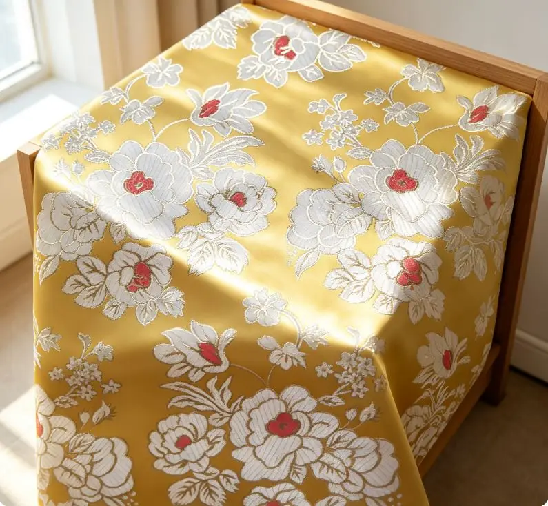 Premium Golden Peony Jacquard Satin Brocade, Dual-Purpose Luxury Silky Shawl & Decorative Sewing Fabric