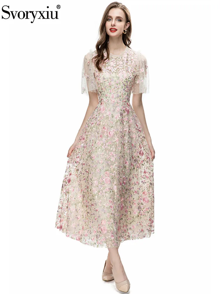 

Svoryxiu Designer Fashion Summer Vintage Gorgeous Gauze Flower Embroidery Mid-Calf Dress Women's Flare Sleeve High Waist Dress