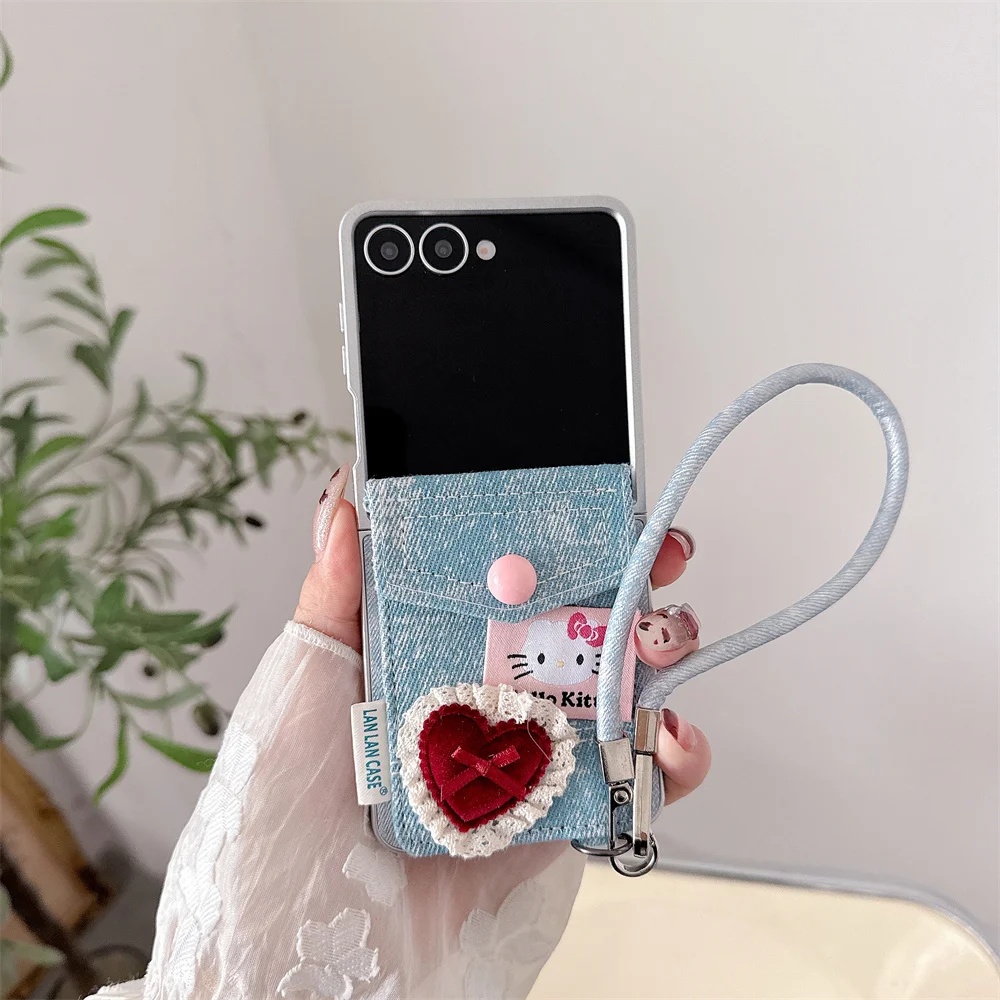 

Fashion denim with card slot plush love Hellokitty with hand strap phone case for Samsung Galaxy Z Flip 7 6 Flip 6 5 4 3 5G case