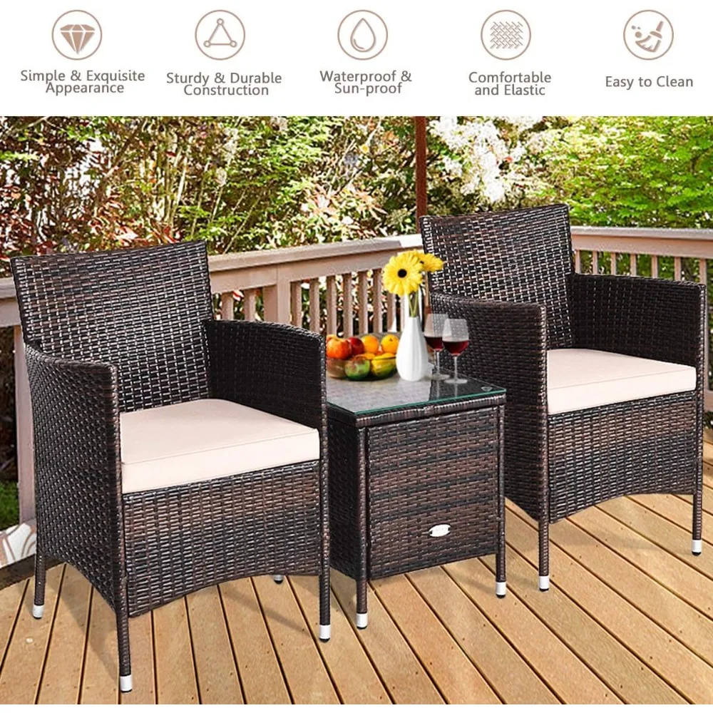  3 Piece Patio Set Wicker Rattan Furniture Set Outdoor Rattan Conversation Set with Coffee Table Chairs & Thick Cushio