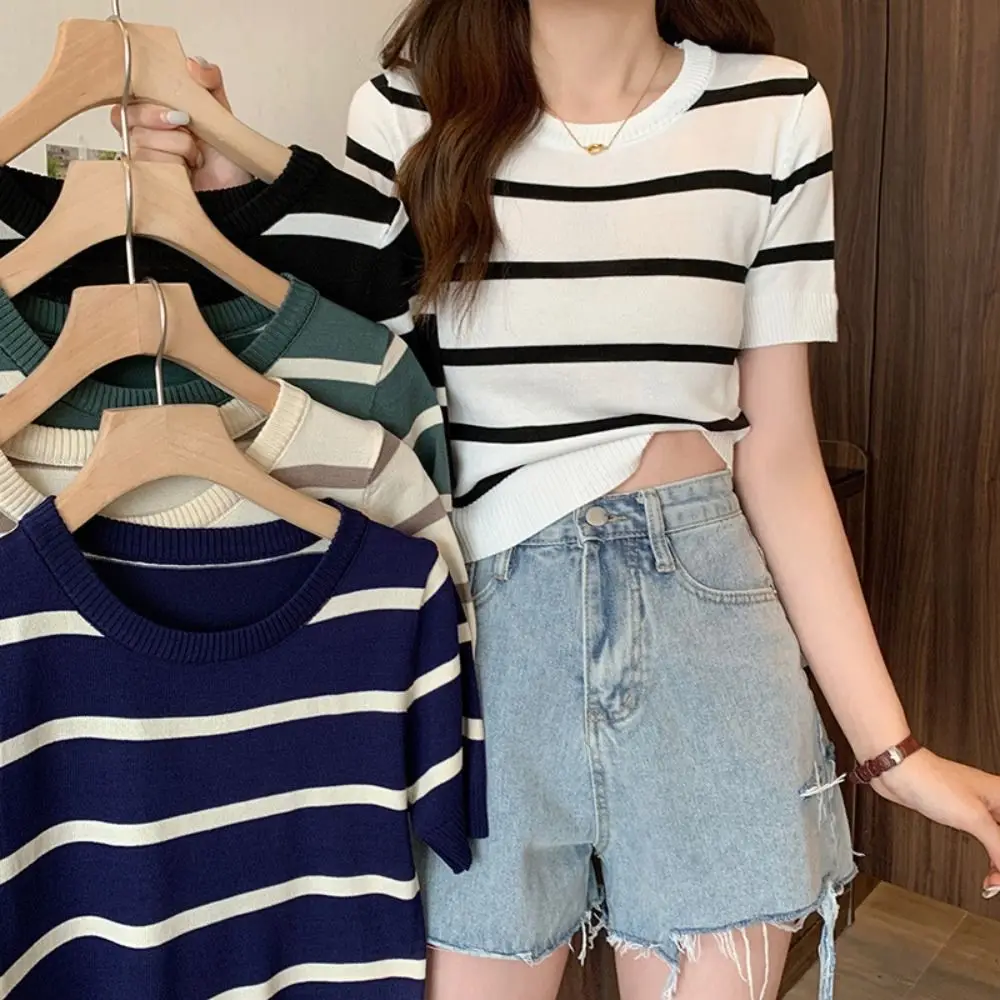 Comfort Elegant Knitted T-shirt Stripe Slim Short Sleeve Top Korean Style Female Tees Crop Top Women Female