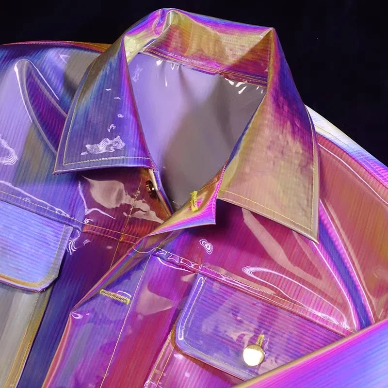 ホログラフィックグロスファッション女性 PU プラスチックジャケット緩め防水 DJ クラブ衣装透明プラスチックコートパンクストリート