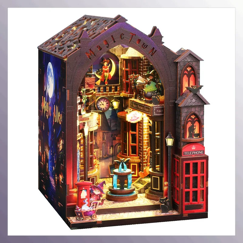 

Новый Diy деревянный волшебный книжный уголок, полка, вставки, наборы миниатюрных моделей с легким подставкой для книг для друзей, подарки на день рождения