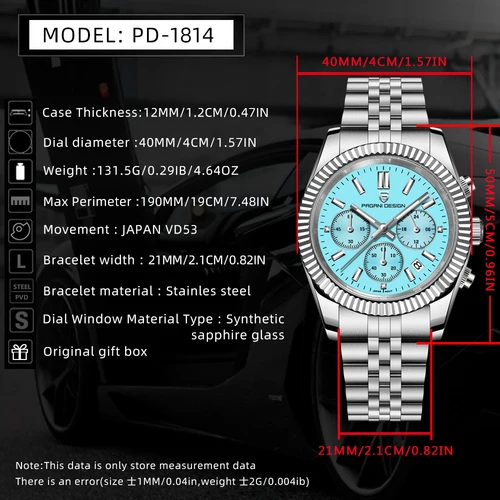 Imagen 2 del producto PAGANI DESIGN 2025 nuevo reloj de cuarzo VD53 40MM para hombre, reloj de lujo de acero inoxidable con zafiro luminoso C3 resistente al agua 5Bar para hombre