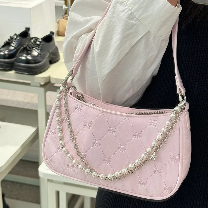 New Niche Design Women\'s Fashionable Shoulder Bag, Pearl Metal Chain Underarm Bag, Butterfly Pattern Elegant Small Bag