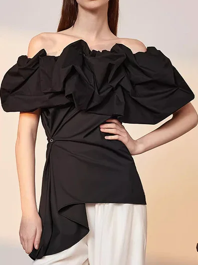 

Sexy One-Shoulder Waist-Cinching Asymmetrical Short-Sleeve Cotton Shirt Women's Top Summer Original Design Slim Fit