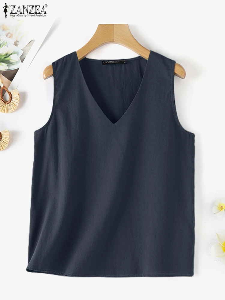 ZANZEA Sleeveless Cotton Shirts Femininas 2024 Fashion Women Elegant V Neck Tanks Summer Casual Loose Solid Color Tunic Tops