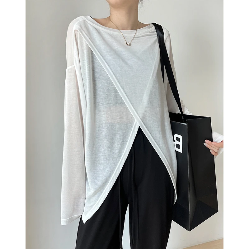 Cross-Front Knit Pullover Top Women Summer Long Sleeve Thin Cover Up Korean Style Casual Loose Black White Top