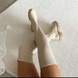 2024 Nieuwe Kniehoge Laarzen Dames Dikke Hak Slanke Winter Plus Fluwelen Stretch Laarzen Hoge Hak Grote Maat Suède Laarzen