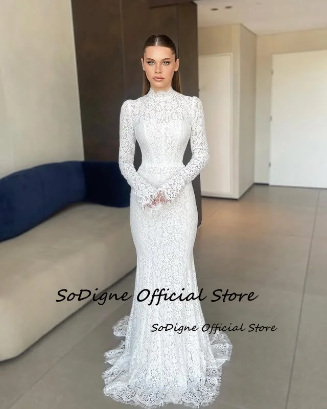 SoDigne Mermaid Lace Wedding Dresses High Neck Full Sleeves Bridal Dress Elegant Wedding Gown Robe De Mairee ﻿Customized