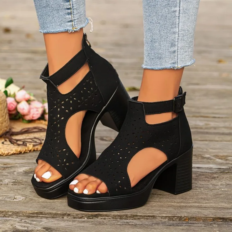 

Women's Sexy High Heel Sandals 2026 Summer Roman Hollow Fish Mouth Peep Toe Cool Boots Casual Chunky Back Zipper Women Sandals