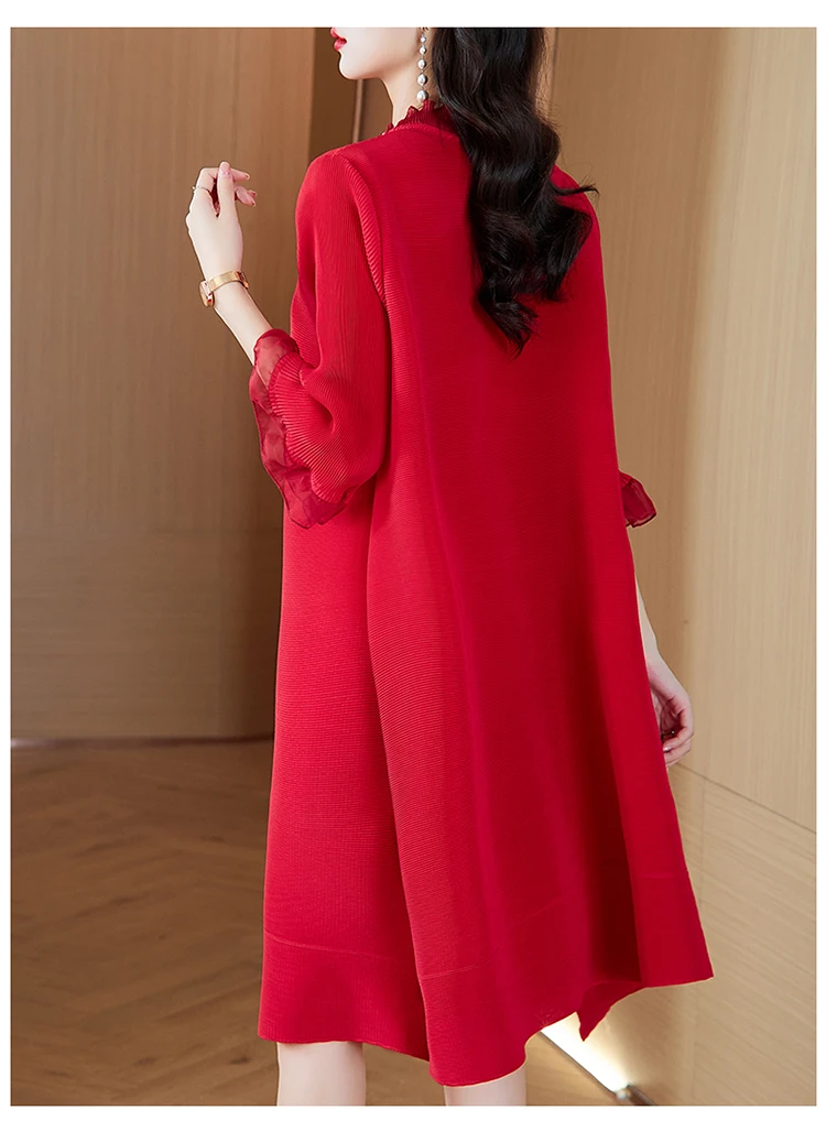 2024 autunno nuova gonna magica elastica antirughe rossa per le donne, gonna a maniche lunghe casual ampia con stampa retrò o-collo