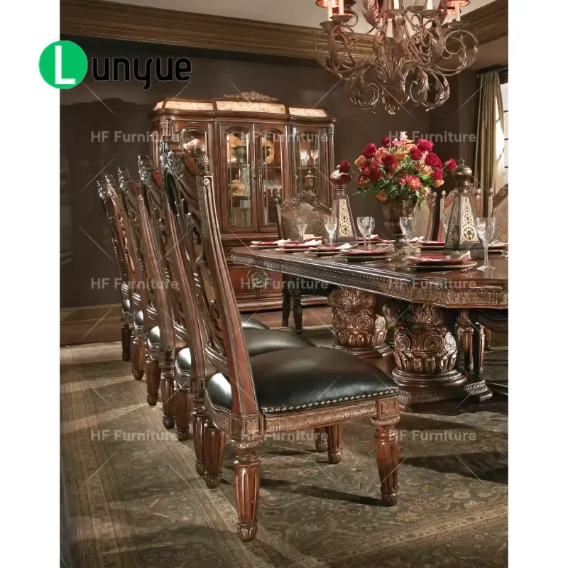 American Antique Style Dining Table Set Classic Wood Carving Luxury Solid Wood Kitchen Furniture New Design High End Home