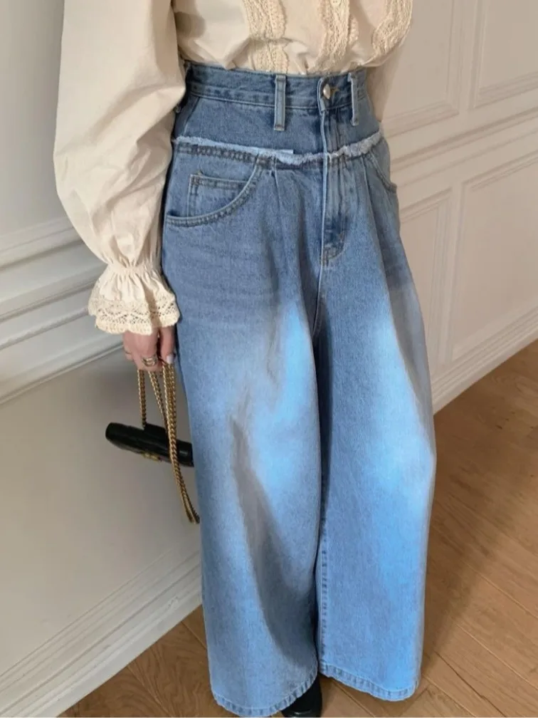 

Джинсы с высокой талией и рваным подолом, женские винтажные отбеленные свободные утягивающие плиссированные широкие длинные брюки с талией, модные