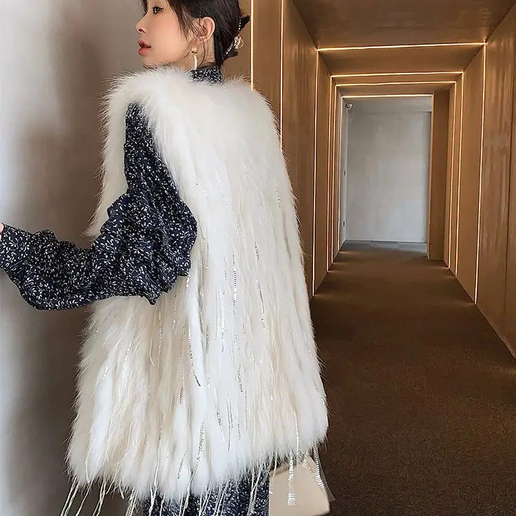 جديد خريف وشتاء 2025 معطف فرو محبوك للنساء متوسط الطول غير رسمي ومتعدد الاستخدامات شرابة فضفاضة XT1796 #3